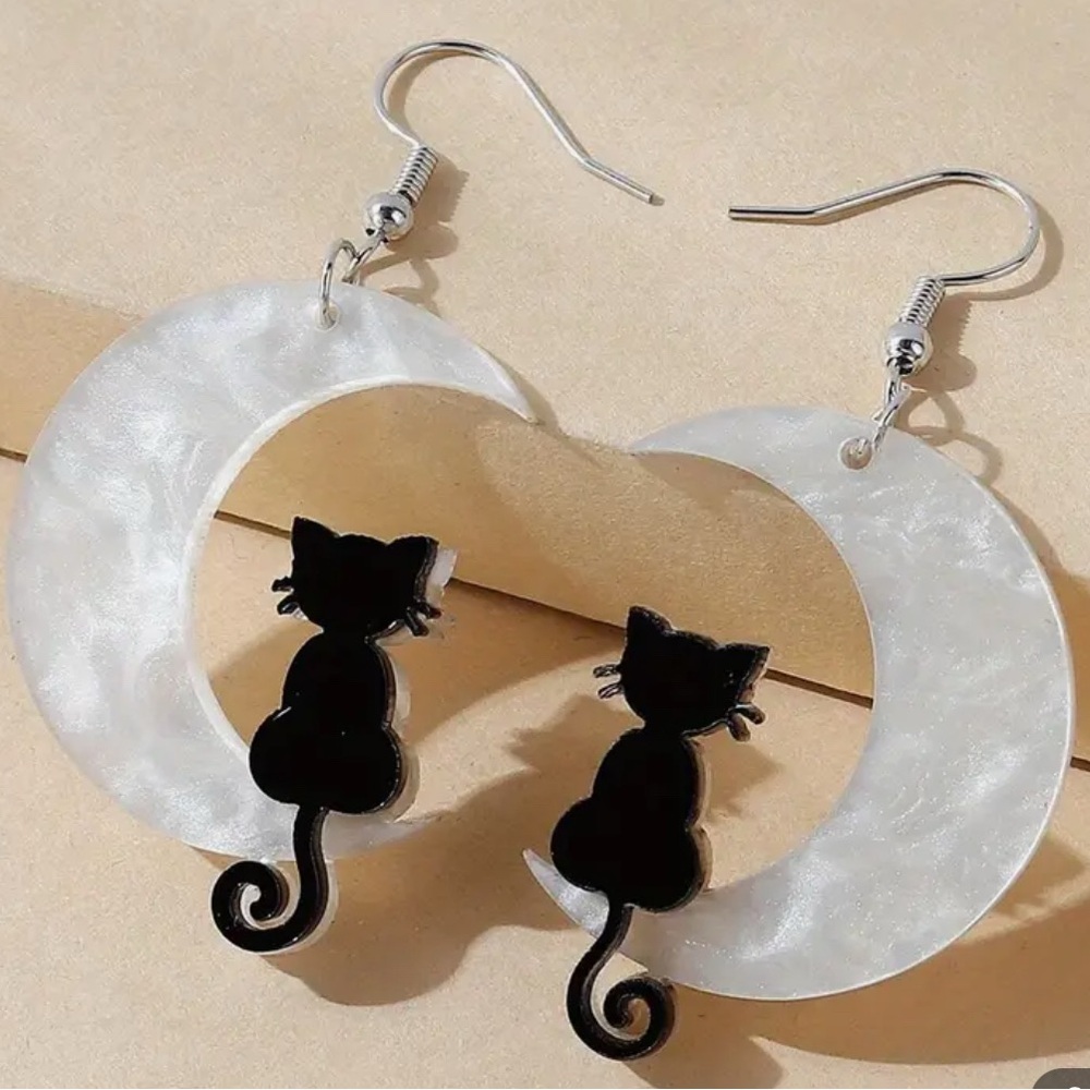 Cat & Moon Dangle Earrings